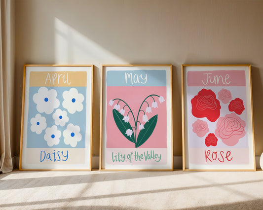 Personalised birth flower wall art for kids with custom name-colourful floral nursery print