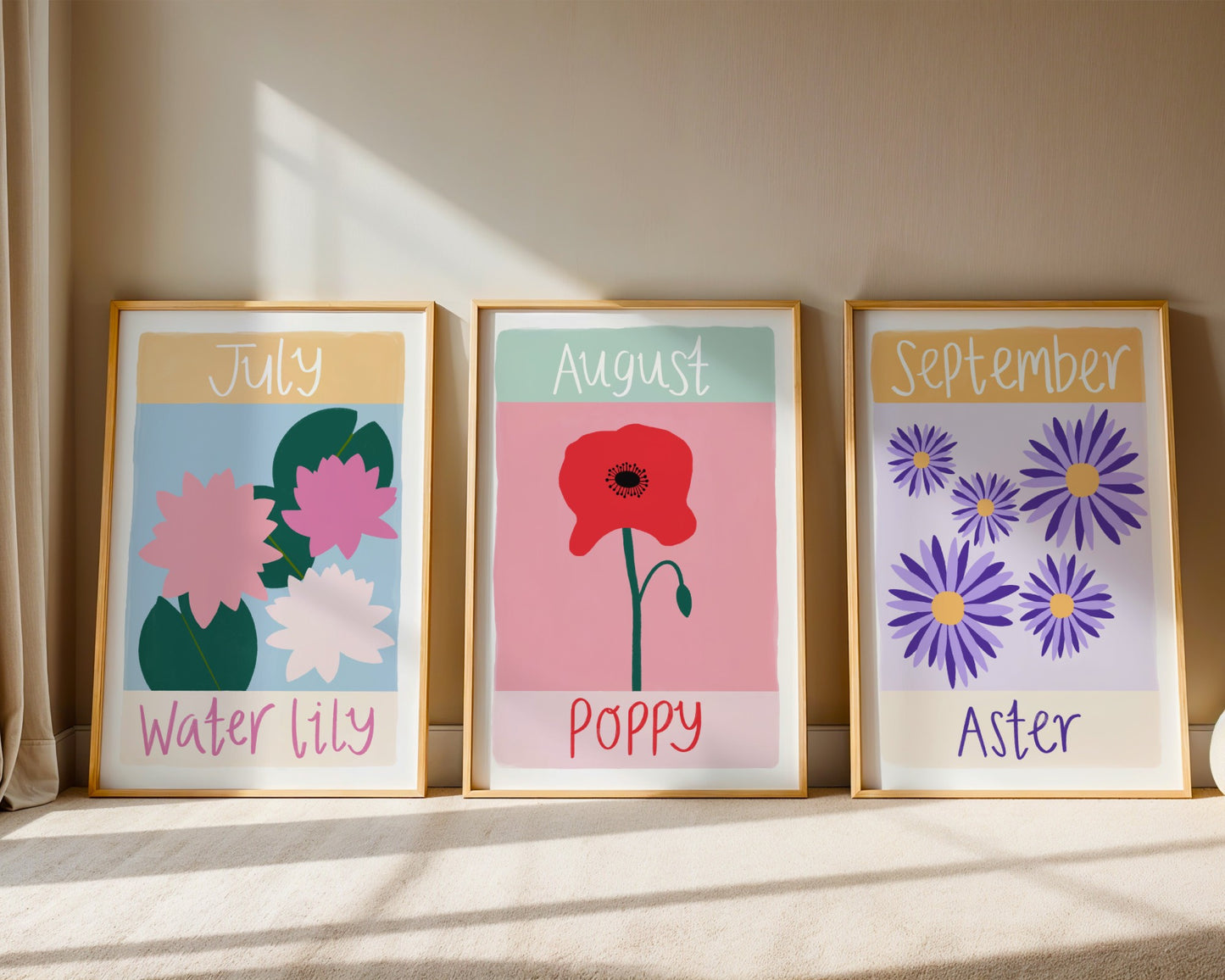 Personalised birth flower wall art for kids with custom name-colourful floral nursery print