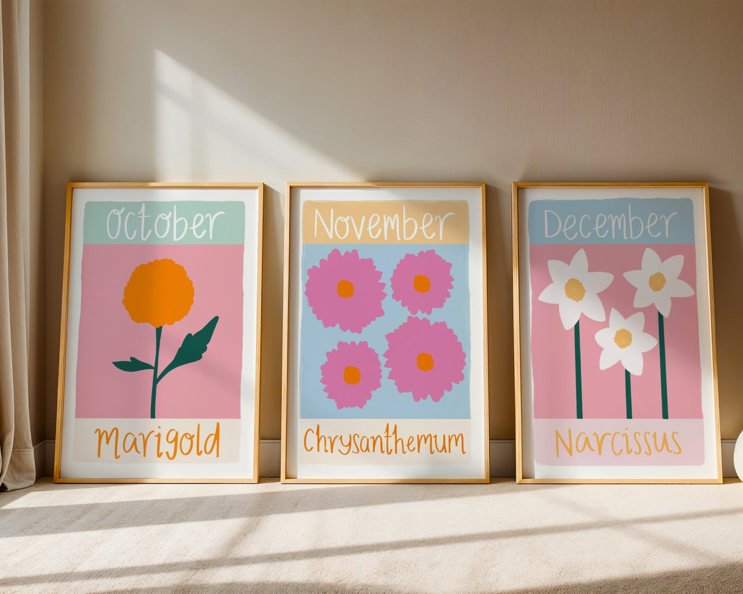 Personalised birth flower wall art for kids with custom name-colourful floral nursery print