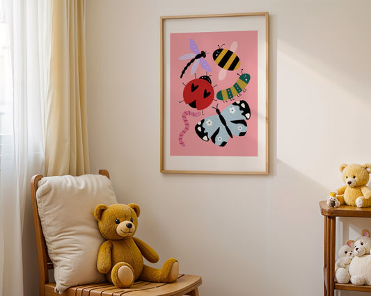 Kids wall art with pink background featuring bug illustrations of a pink and red worm, a blue butterfly, a red ladybird, a green and pink caterpillar, a bee and a purple dragonfly, all with cute faces.