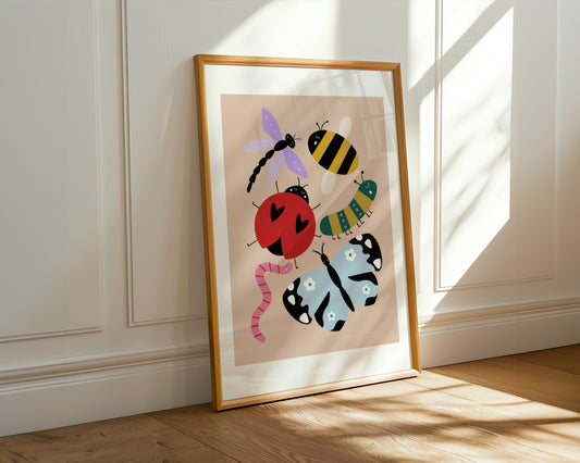 Kids wall art with beige background featuring bug illustrations of a pink and red worm, a blue butterfly, a red ladybird, a green and pink caterpillar, a bee and a purple dragonfly, all with cute faces.