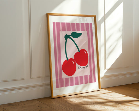 Kids art print with pink striped background, lighter pink centre and red cherries illustration