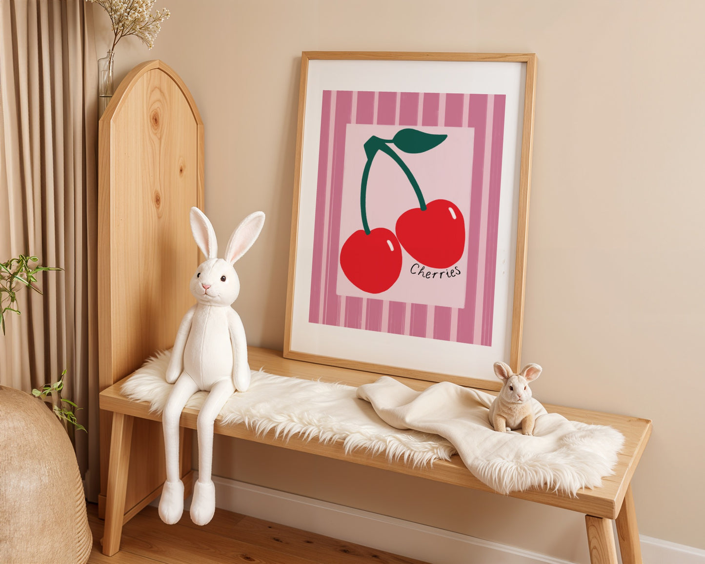 Kids art print with pink striped background, lighter pink centre and red cherries illustration