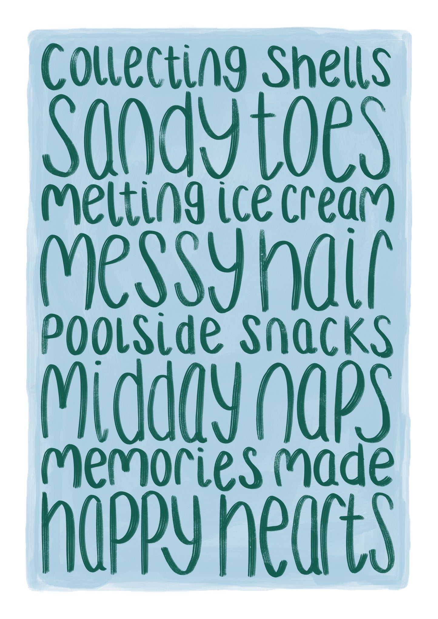 Kids wall art with white border, blue background and green text listing summer memories