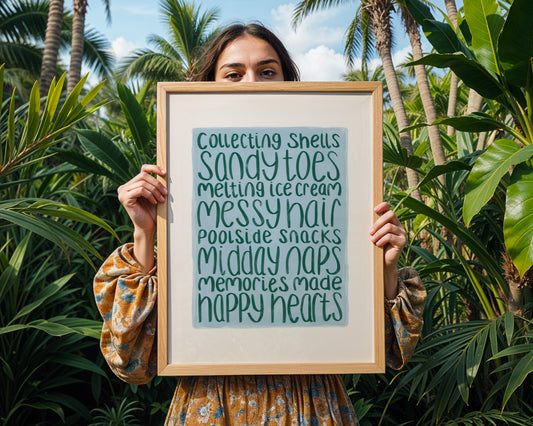 Kids wall art with white border, blue background and green text listing summer memories