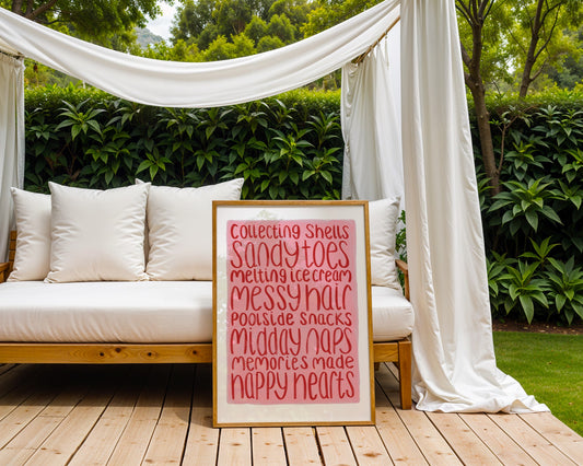 Kids wall art with white border, pink background and red text listing summer memories