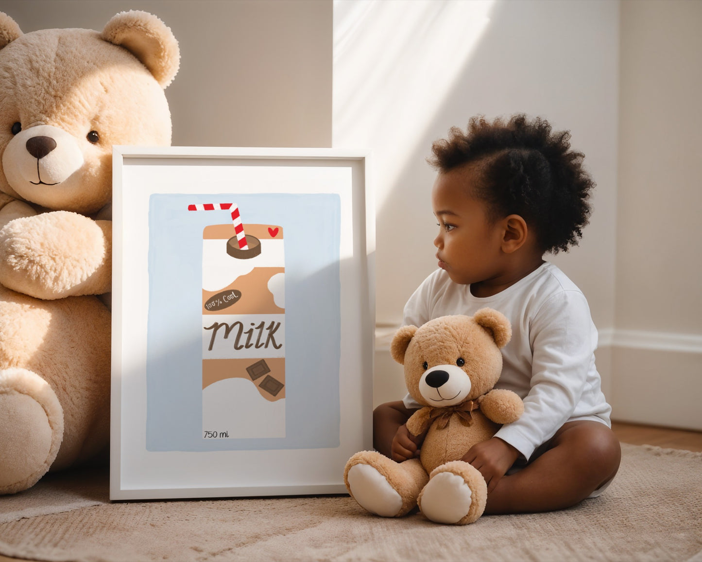 Kids wall art with pale blue background and white border with a chocolate milk carton illustration