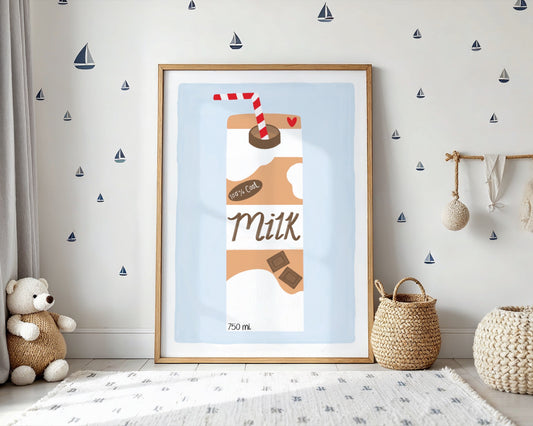 Kids wall art with pale blue background and white border with a chocolate milk carton illustration