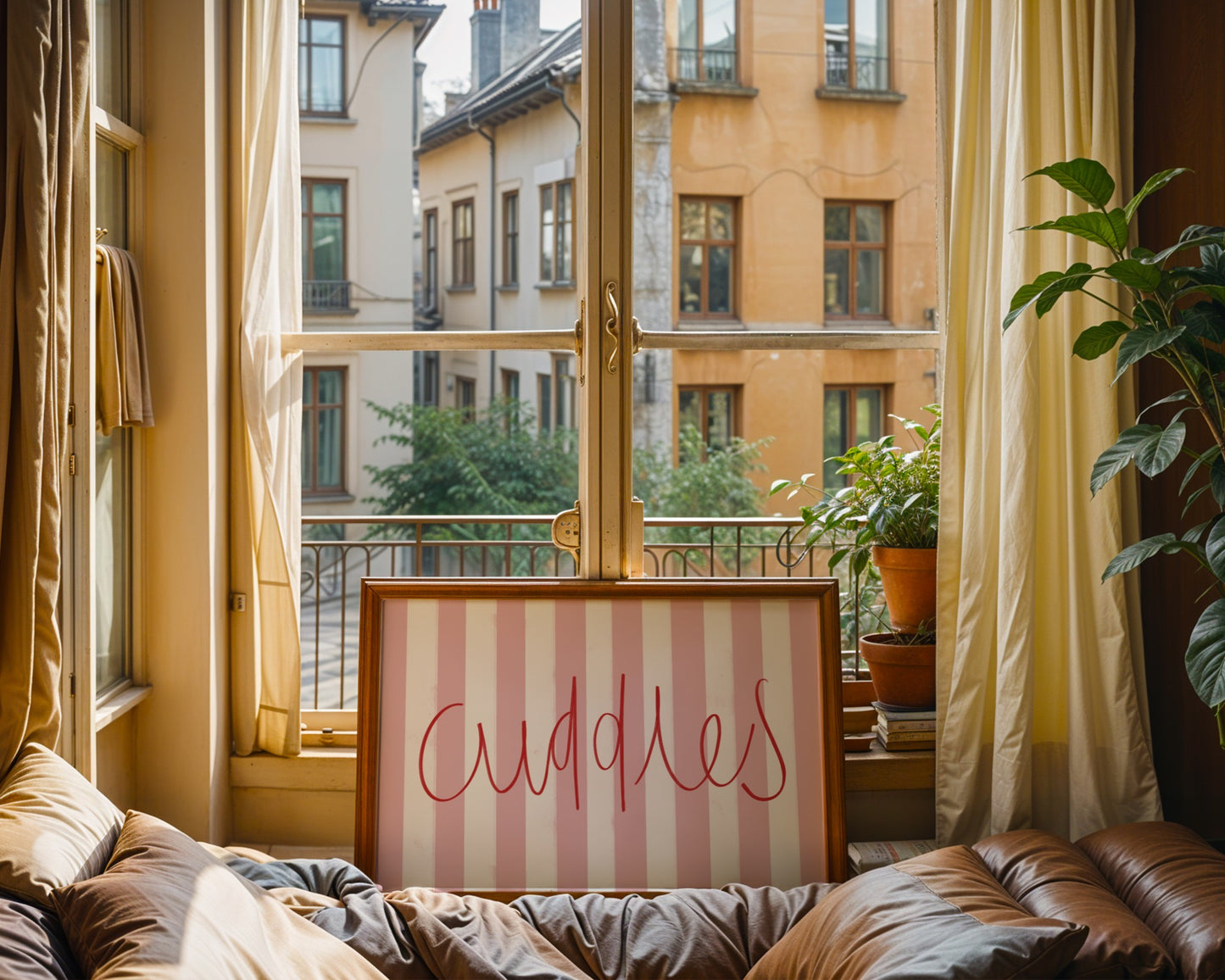 Kids wall art with pink striped background and red ‘cuddles’ text