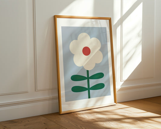 Kids wall art with bold white Daisy print and red pollen centre and four leaf stem on blue background