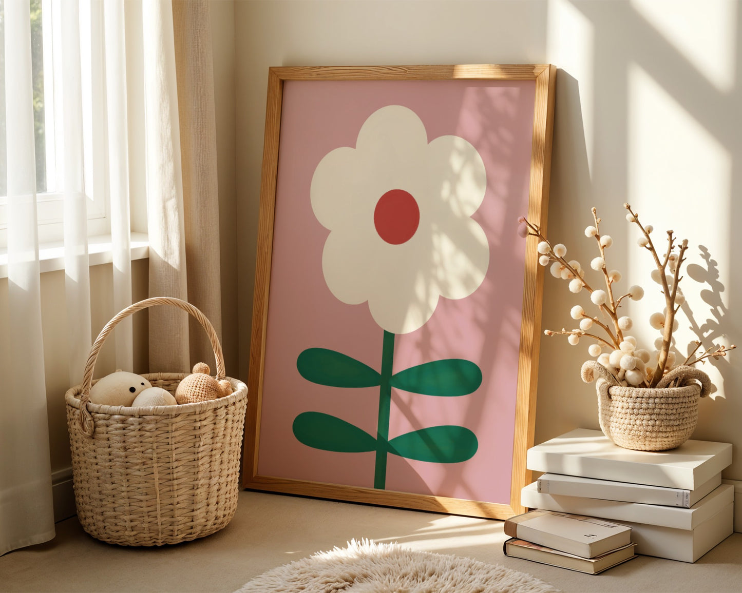 Kids wall art with bold white Daisy print and red pollen centre and four leaf stem on pink background