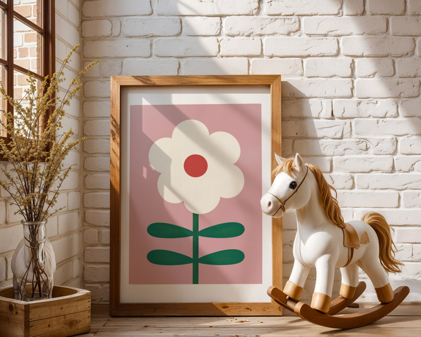 Kids wall art with bold white Daisy print and red pollen centre and four leaf stem on pink background