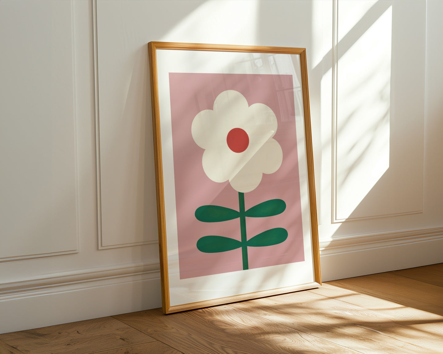 Kids wall art with bold white Daisy print and red pollen centre and four leaf stem on pink background