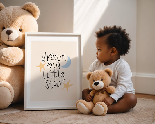 Cream nursery wall art with pale yellow stars and soft blue moon featuring the quote “dream big little star”