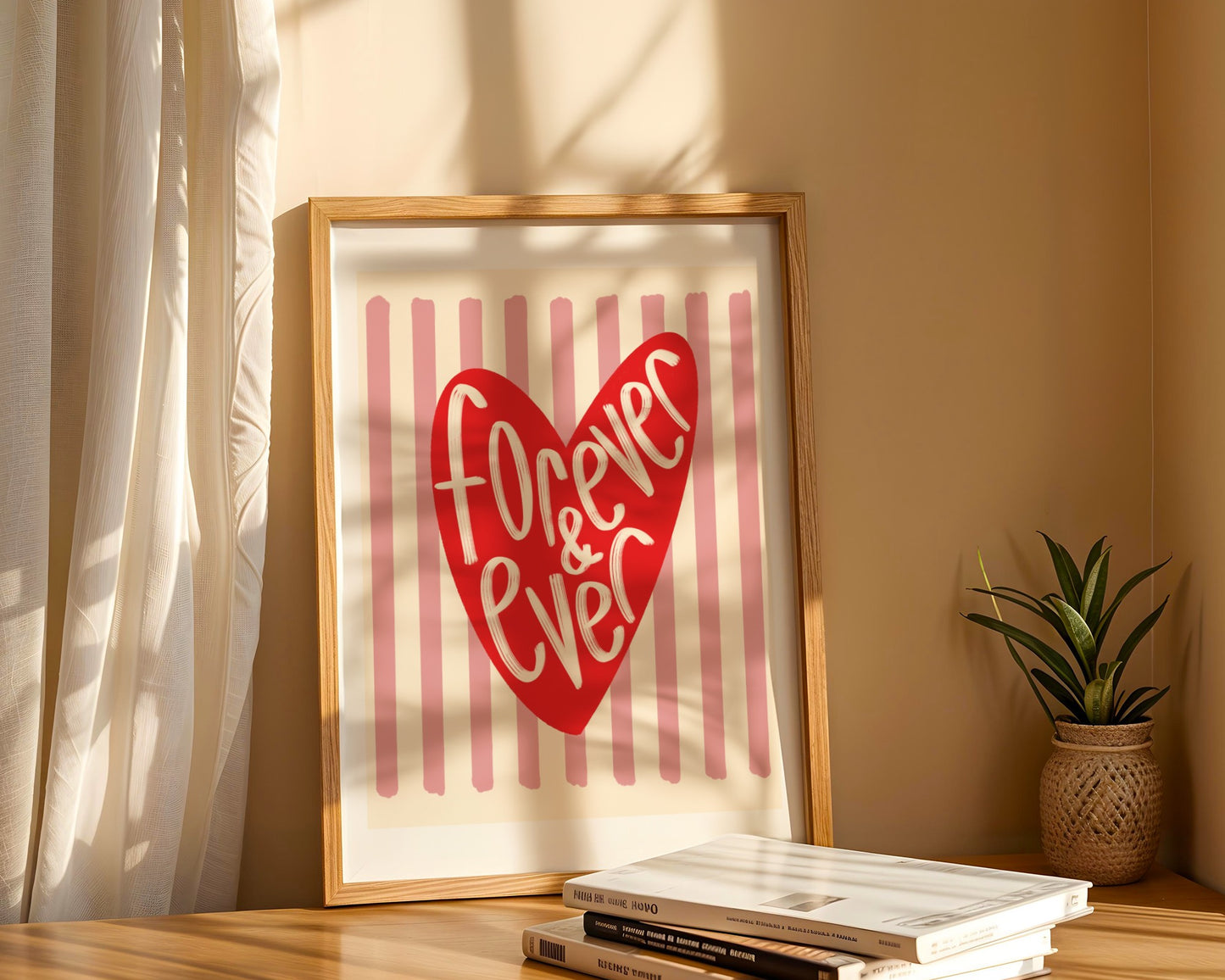 Wall art with pink striped background and bright red love heart illustration and handwritten words ‘forever & ever’