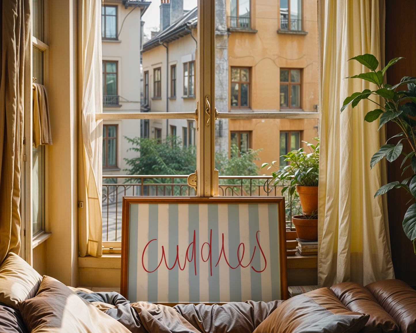 Kids wall art with blue striped background and red ‘Cuddles’ text