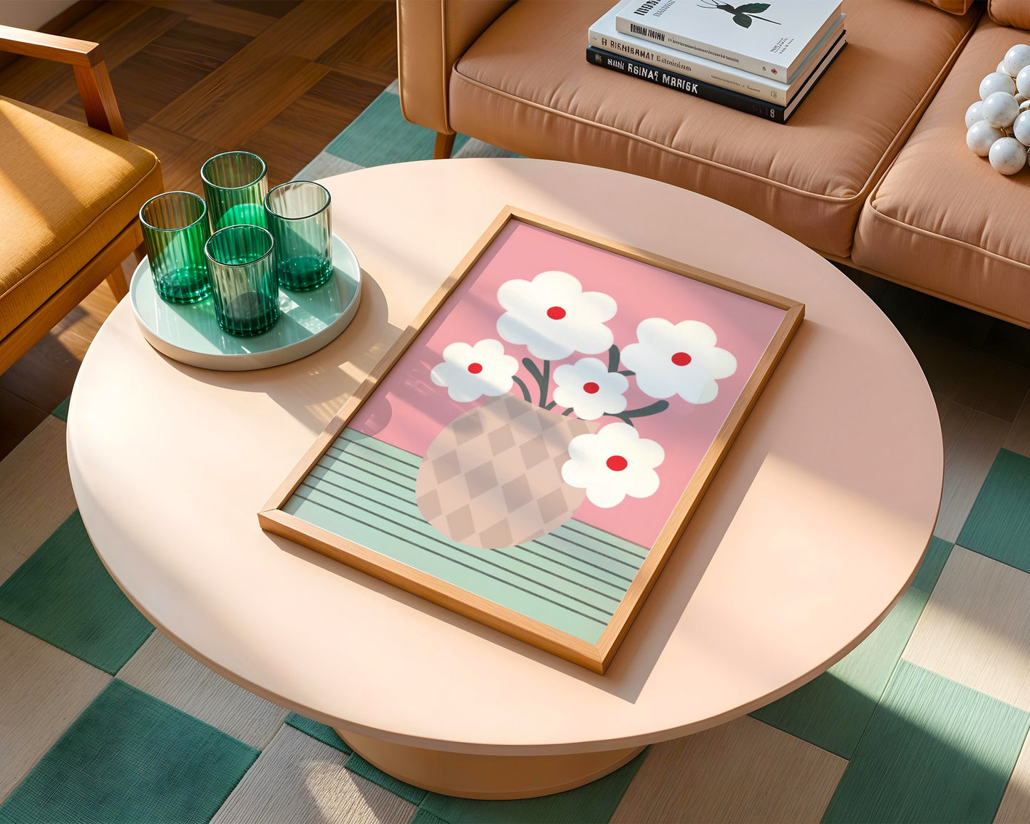 Bold floral wall art featuring a vase filled with white daisy flowers, modern botanical print with vibrant colors, perfect for home or living room decor