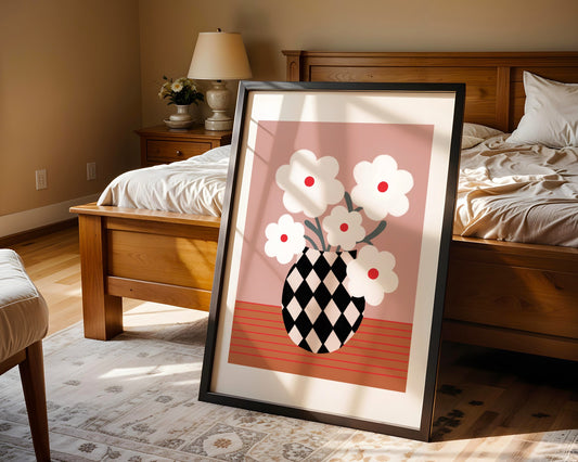 Bold floral wall art featuring a vase filled with white daisy flowers, modern botanical print with vibrant colors, perfect for home or living room decor