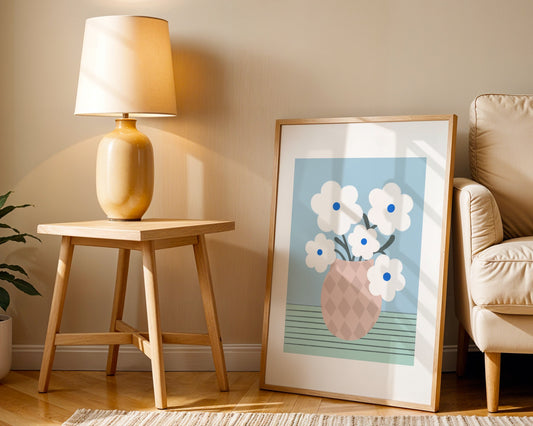 Bold floral wall art featuring a vase filled with white daisy flowers, modern botanical print with vibrant colors, perfect for home or living room decor