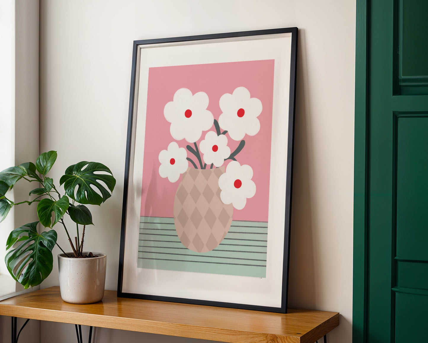 Bold floral wall art featuring a vase filled with white daisy flowers, modern botanical print with vibrant colors, perfect for home or living room decor