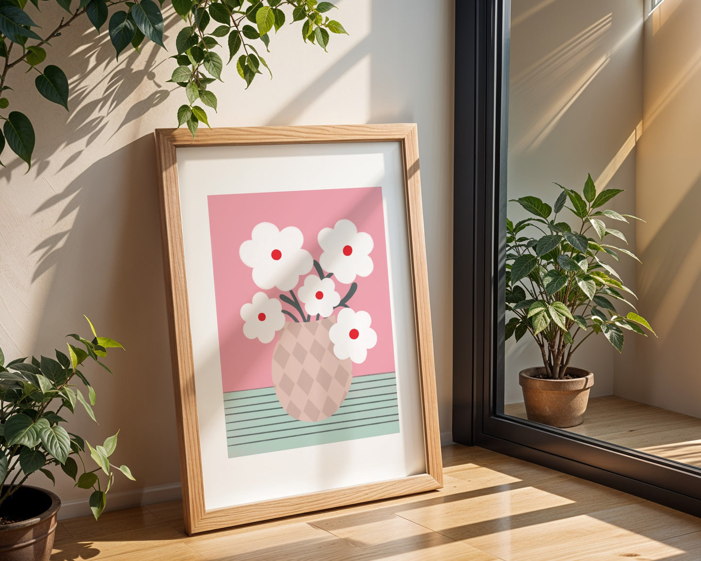 Bold floral wall art featuring a vase filled with white daisy flowers, modern botanical print with vibrant colors, perfect for home or living room decor