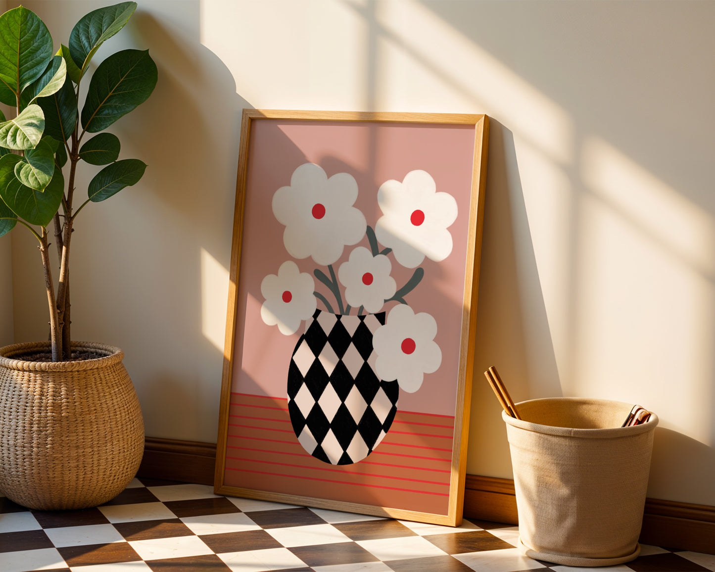 Bold floral wall art featuring a vase filled with white daisy flowers, modern botanical print with vibrant colors, perfect for home or living room decor