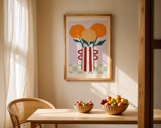 Colourful wall art featuring a striped vase filled with blooming magnolia flowers, modern botanical artwork for home decor