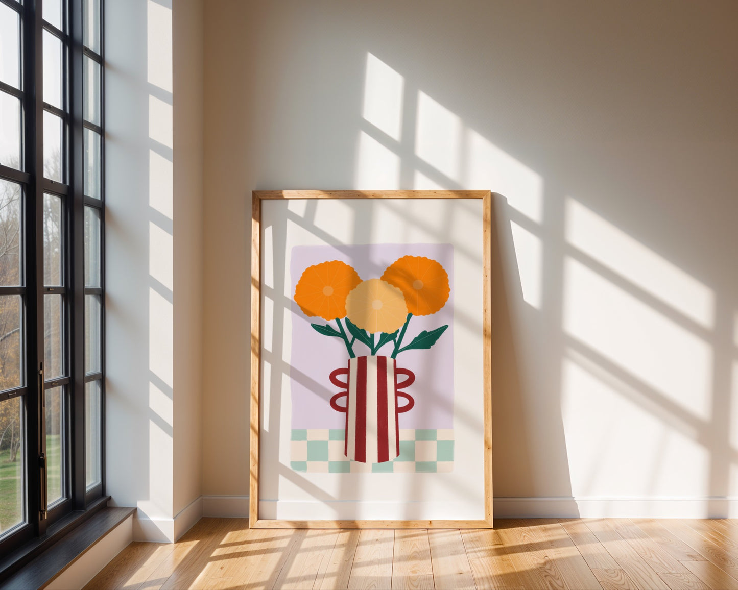 Colourful wall art featuring a striped vase filled with blooming magnolia flowers, modern botanical artwork for home decor