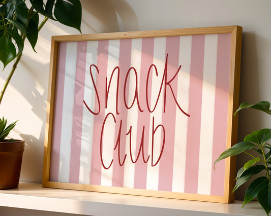 Minimalist colourful wall art print with bold typography that reads snack club, modern kitchen decor for snack lovers