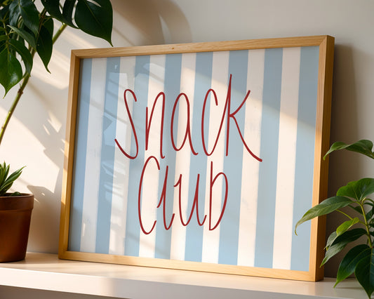 Minimalist colourful wall art print with bold typography that reads snack club, modern kitchen decor for snack lovers