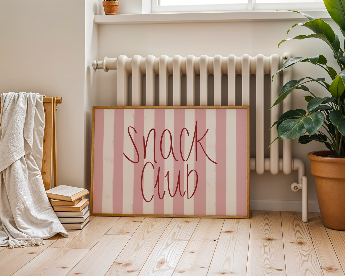Minimalist colourful wall art print with bold typography that reads snack club, modern kitchen decor for snack lovers