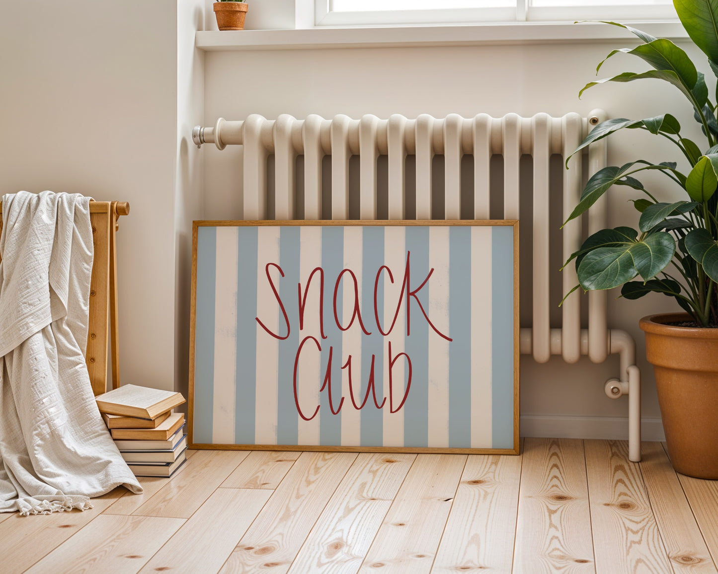 Minimalist colourful wall art print with bold typography that reads snack club, modern kitchen decor for snack lovers