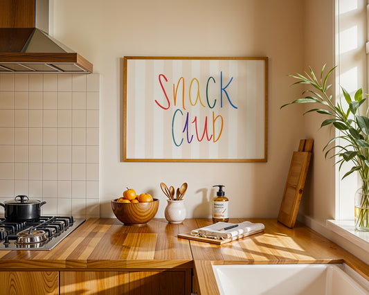 Minimalist colourful wall art print with bold typography that reads snack club, modern kitchen decor for snack lovers