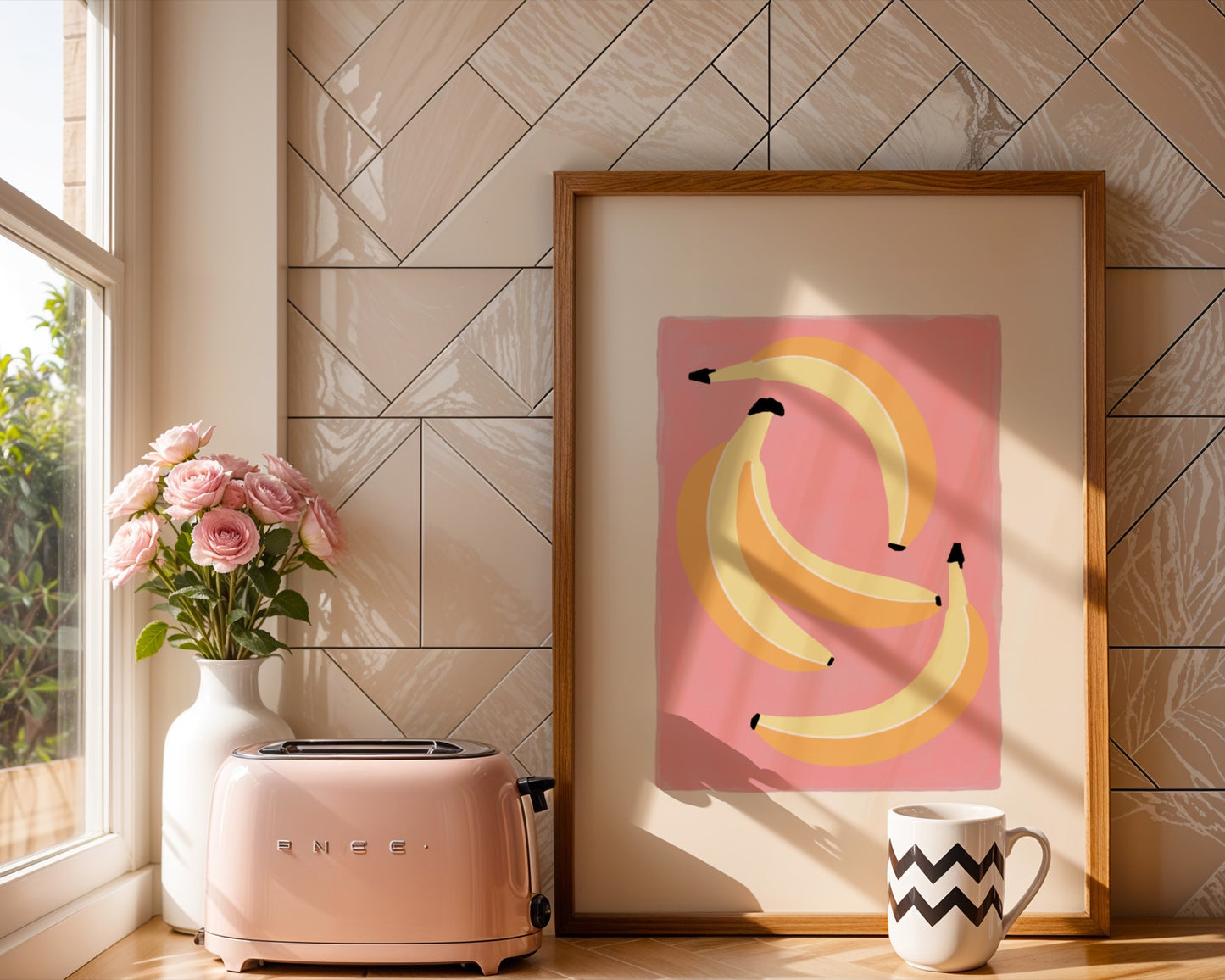 Colourful illustration of four yellow bananas on a vibrant pink background arranged playfully with bold back detail