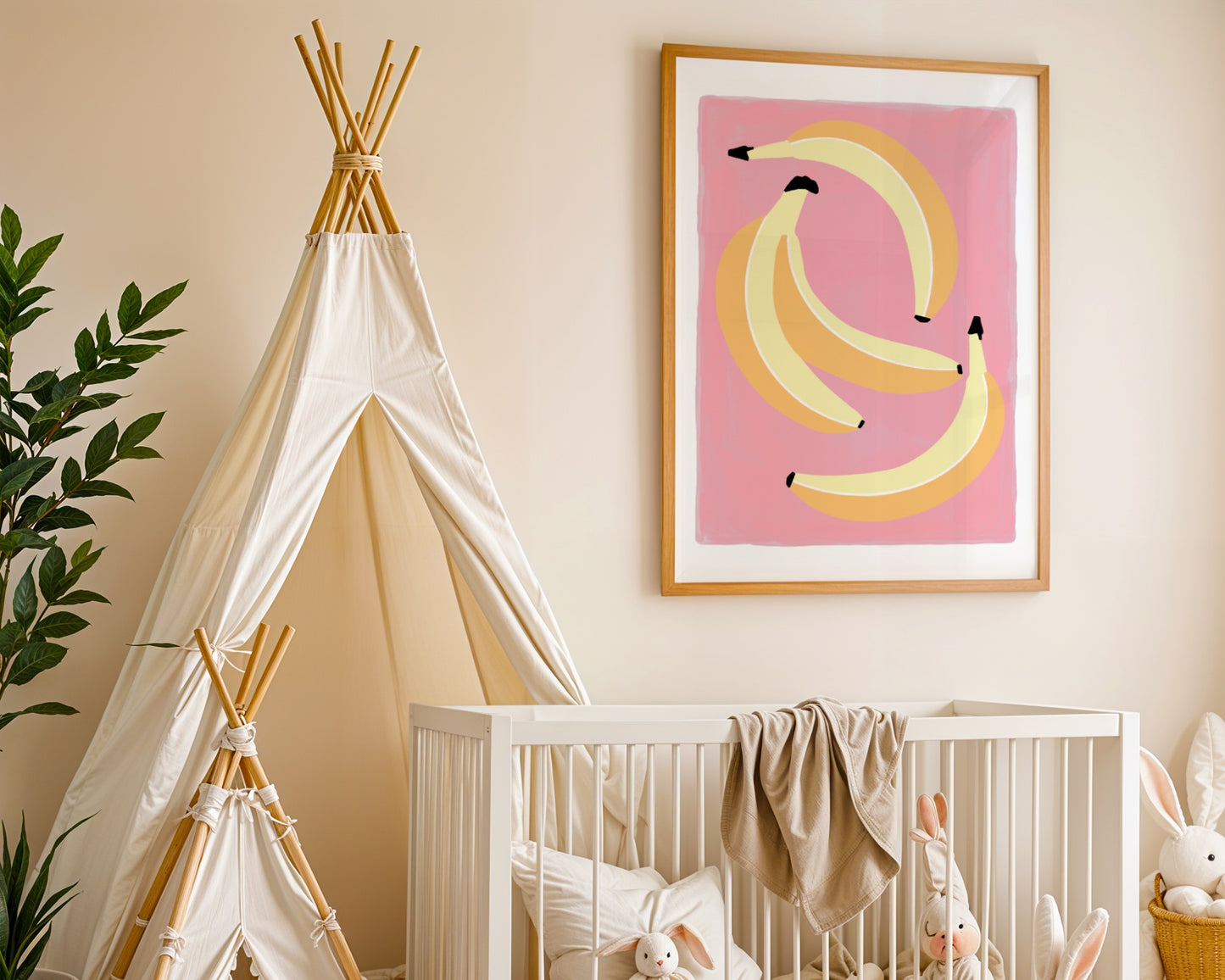 Colourful illustration of four yellow bananas on a vibrant pink background arranged playfully with bold back detail