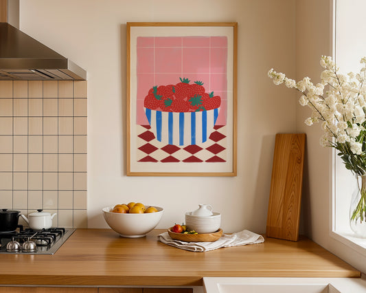 Framed artwork with a red and white design of strawberries on a pink background in a room with red tiles and a plant.