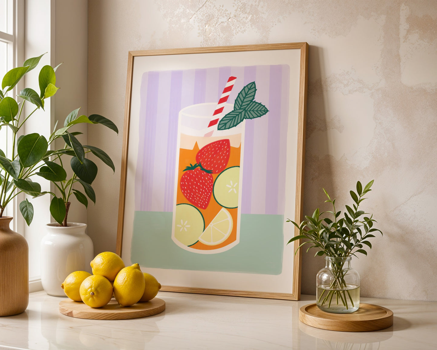 Framed artwork of a colourful Pimm’s drink with fruit on a kitchen counter with a bowl of lemons, a plant, and a cup.