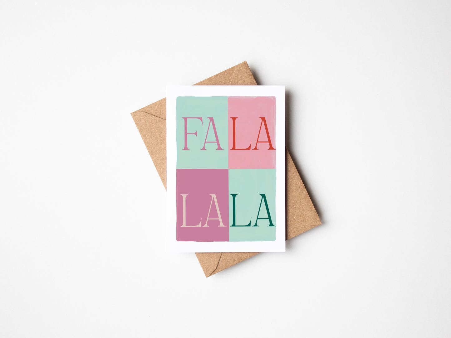 Greeting card with 'FALA LA LA' text on a white background