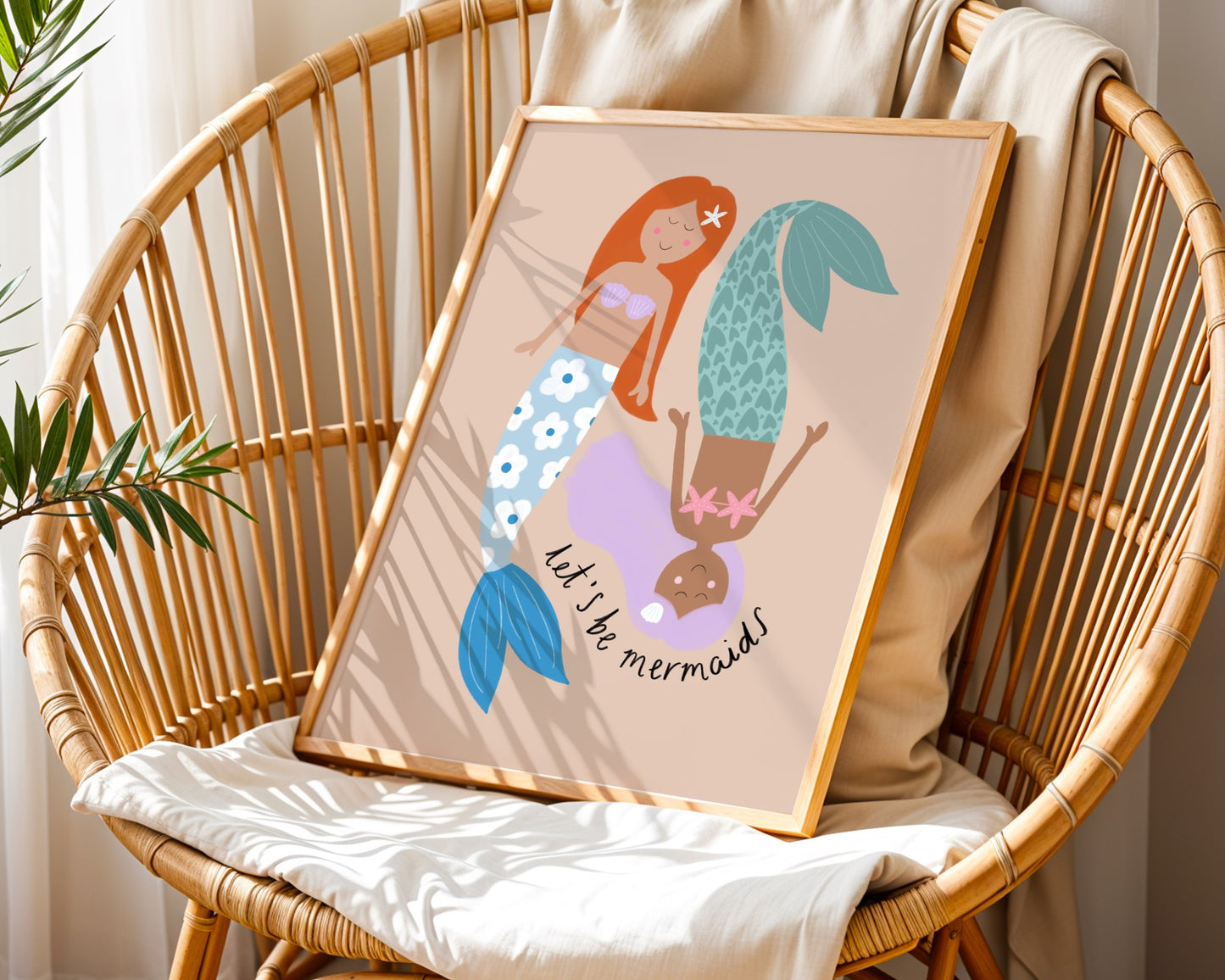 Pastel wall art print with two mermaids and the phrase ‘let’s be mermaids’ on a beige background, girls bedroom or nursery decor in soft ocean colours.