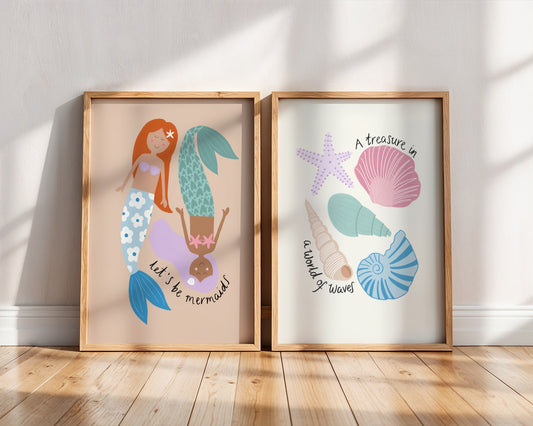 Pastel seashell wall art with pink, blue, lilac, turquoise shells of a light background, featuring the quite “A treasure in a world of waves”- coastal nursery or girls room decor.