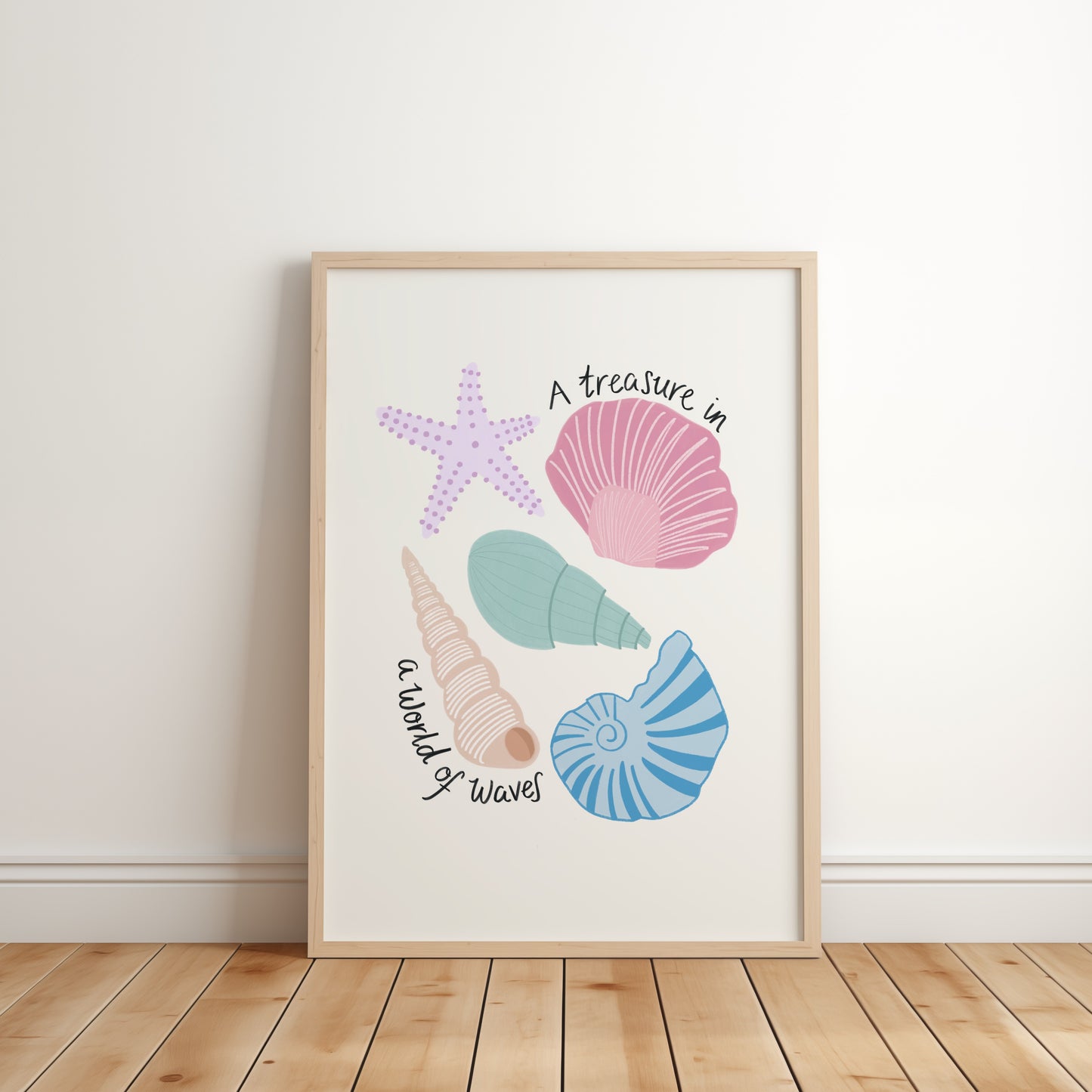 Pastel seashell wall art with pink, blue, lilac, turquoise shells of a light background, featuring the quite “A treasure in a world of waves”- coastal nursery or girls room decor.
