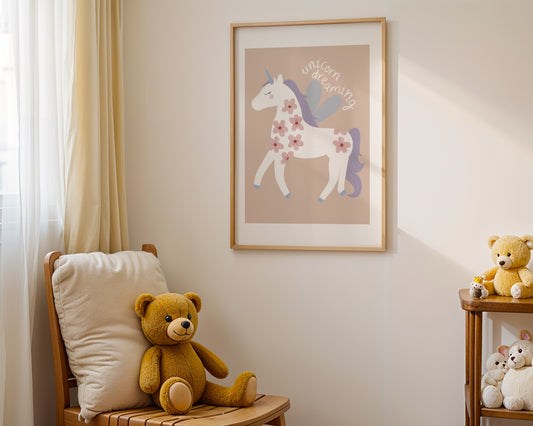 Pastel unicorn wall art print for girls featuring a white unicorn and the phrase ‘unicorn dreaming’- perfect for baby girl nursery or bedroom decor