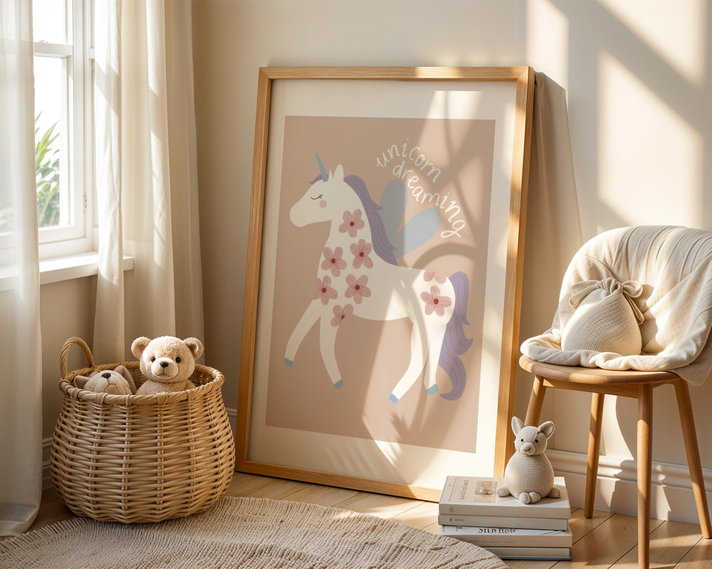 Pastel unicorn wall art print for girls featuring a white unicorn and the phrase ‘unicorn dreaming’- perfect for baby girl nursery or bedroom decor