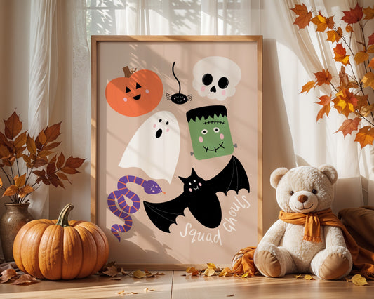 Framed Halloween-themed artwork with ghosts, a skeleton, and a teddy bear in a cozy room.