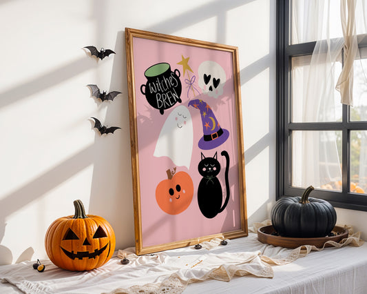 Halloween-themed wall art with pumpkins, ghosts, and a cat on a pink background, displayed in a room with pumpkins and bats.