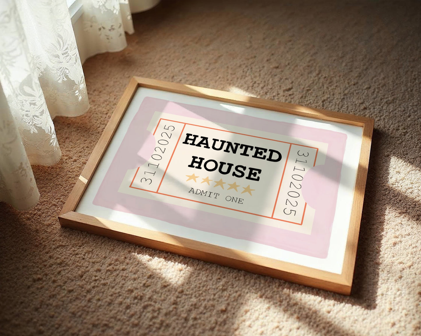 Framed 'Haunted House' ticket on a carpeted floor with curtains in the background
