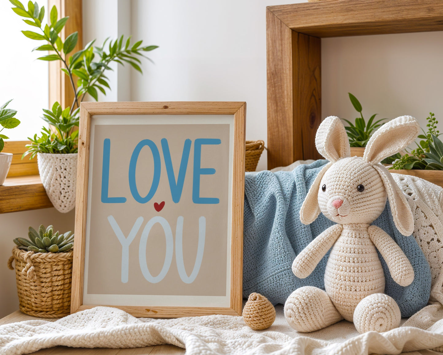 Crocheted bunny toy next to a 'LOVE YOU' sign in a home setting with plants and a blanket.