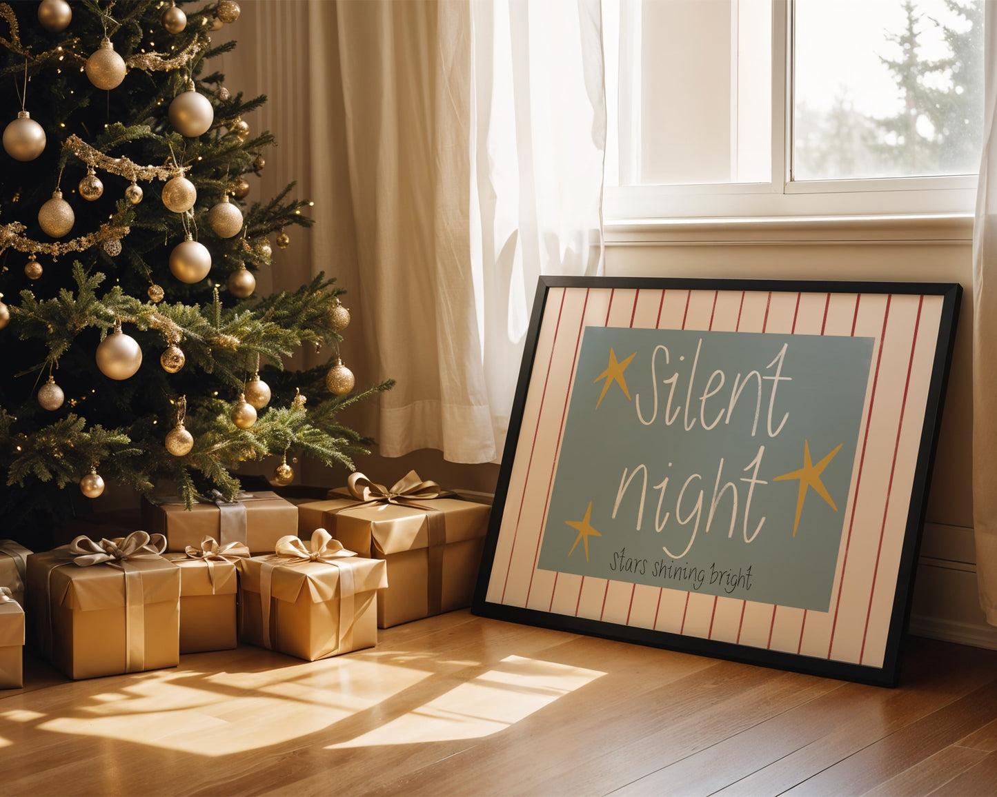 Framed 'Silent Night' sign next to a decorated Christmas tree with presents underneath.