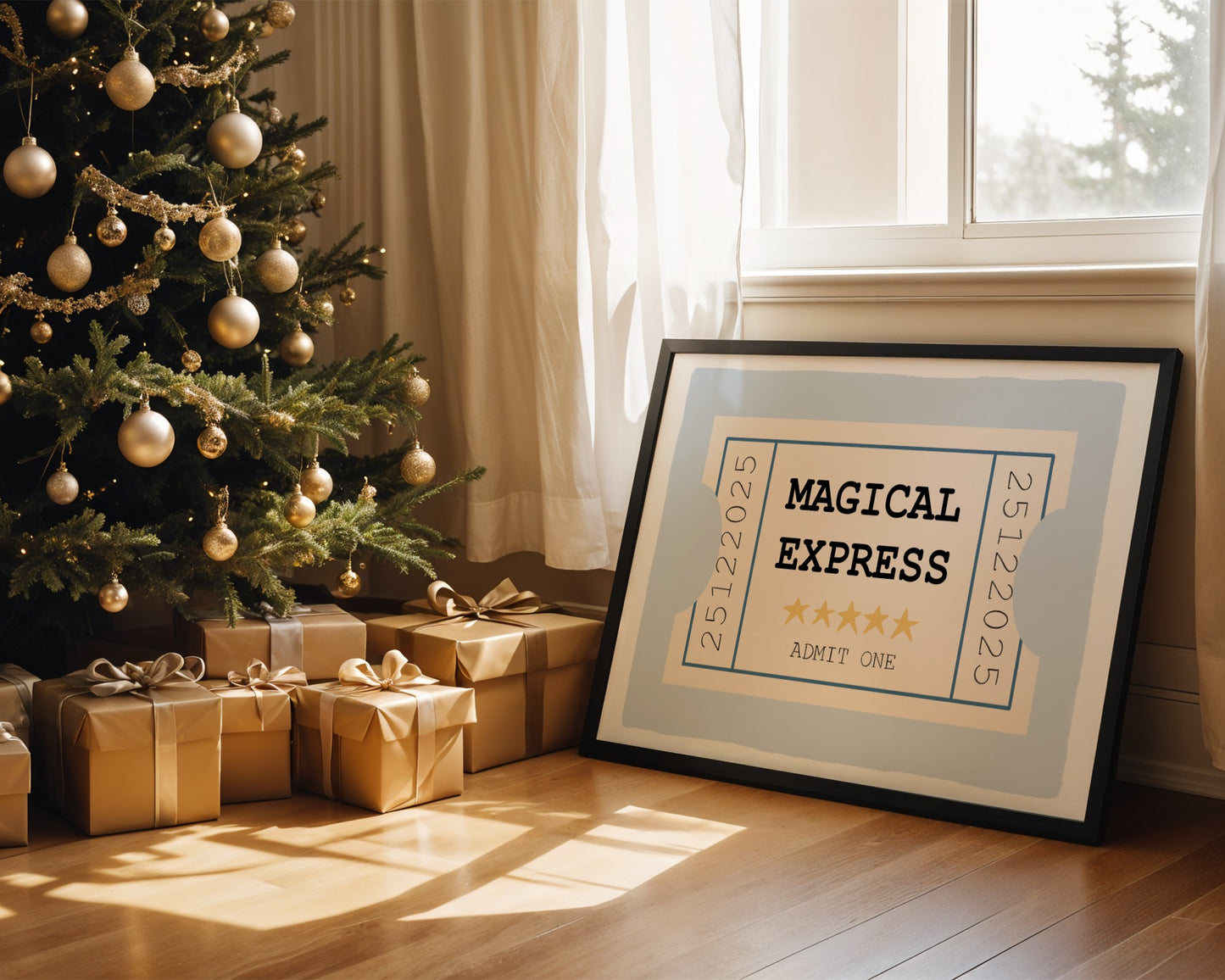 Framed 'Magical Express' ticket next to a decorated Christmas tree with presents underneath.