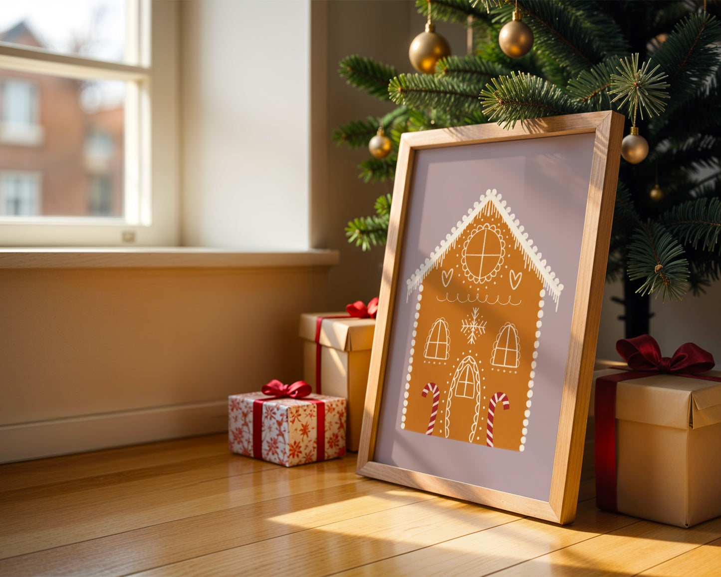 Framed gingerbread house decoration under a Christmas tree with presents on a wooden floor.